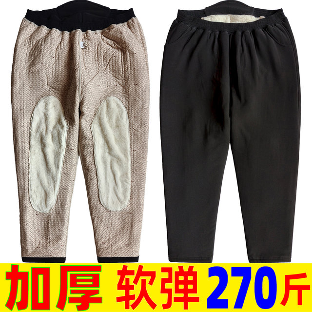 Extra fat old people wear pure black thickened quilted pants for women in winter, middle-aged and elderly mothers plus fat plus size camel hair outer pants