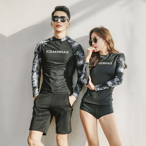 
Swimsuits for women split long sleeves flat corners 2025 new conservative belly covering and slimming and quick-drying sun protection couple swimsuits for men and women