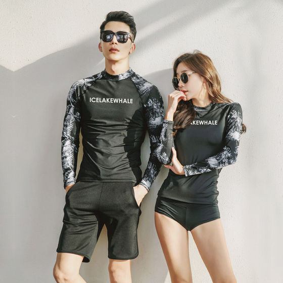 
Swimsuits for women split long sleeves flat corners 2025 new conservative belly covering and slimming and quick-drying sun protection couple swimsuits for men and women