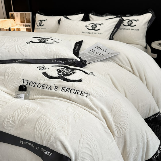 
High-end bed four-piece set milk velvet category A maternal and infant grade winter thickened plus velvet flannel coral velvet plush bedding