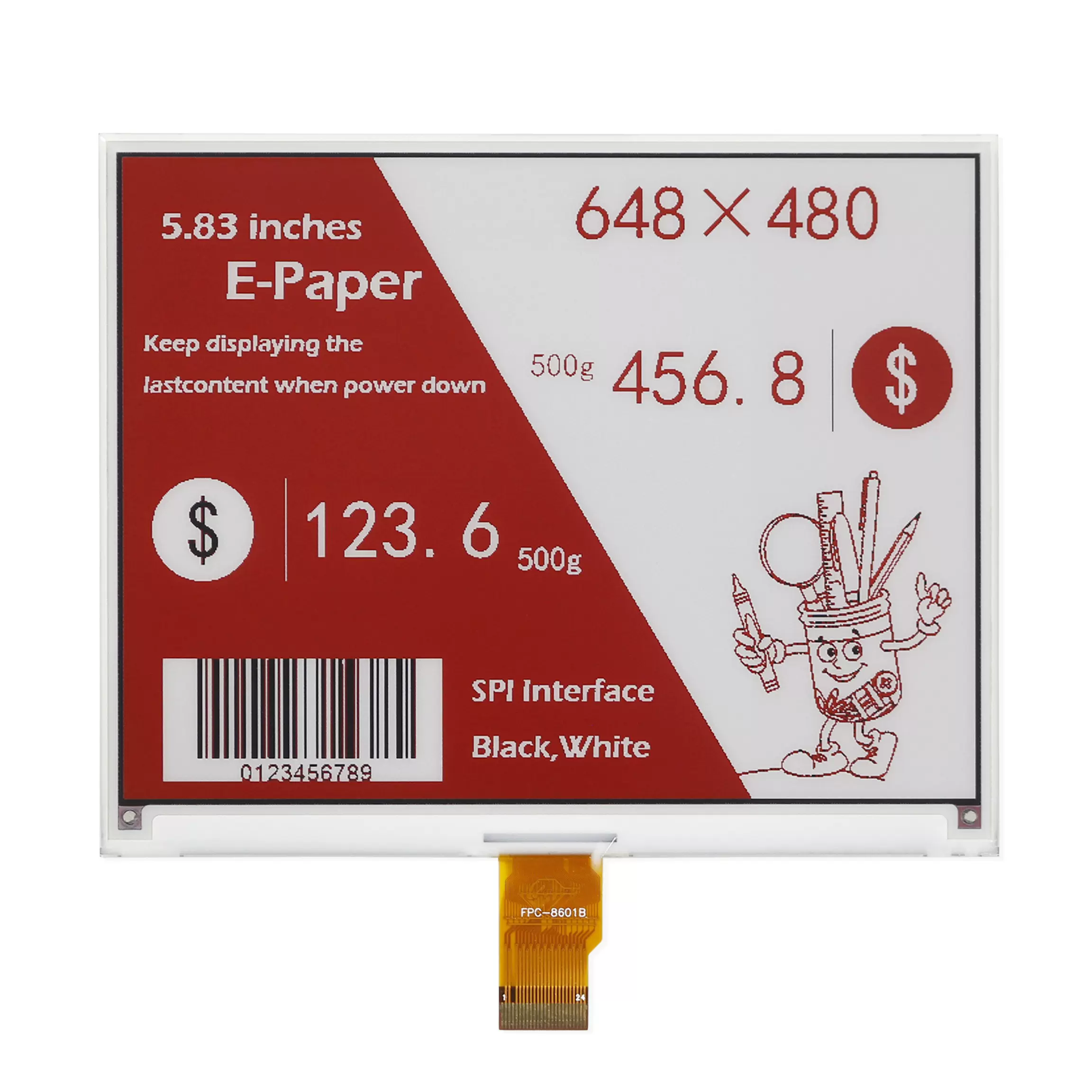 5.83寸墨水屏24Pin 黑白红FPC-8601B 三色电子纸显示屏