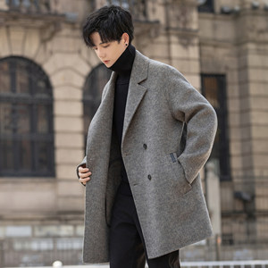 
High-end men's coat jacket 2025 new woolen woolen windbreaker mid-length autumn and winter thickened double-sided nylon