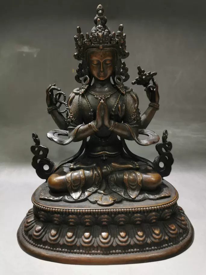 中國古董，古佛像，古銅製。 15/16世紀西藏古董佛像-黃銅彌勒菩薩