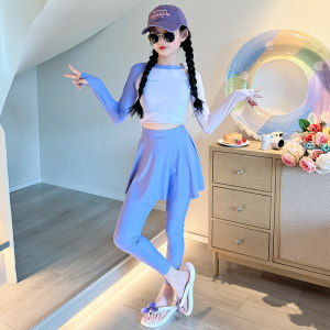 Girls' high-looking swimsuit 2026 new children's long-sleeved long-pants swimsuit for girls and older children split hot spring swimsuit