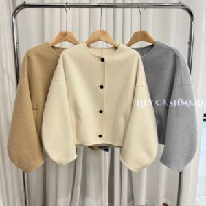 
Korean minimalist style double-sided wool coat for women, short, loose, slim, round neck, single-breasted woolen coat for small people