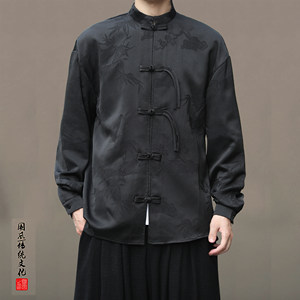 
New Chinese style shirt men's Chinese style Tang suit Hanfu long-sleeved shirt retro style disc button dark pattern tunic jacket spring