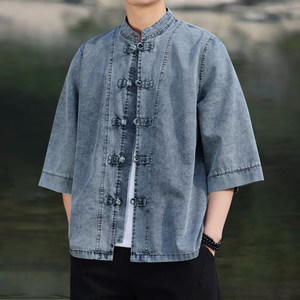 
New Chinese style retro buttoned Tang suit shirt men's three-quarter sleeve denim shirt men's Chinese style elderly dad's clothing