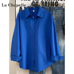 La Chapelle Blue Straight-Shoulder Elegant Long-Sleeve Shirt for Women 2026 New Style Loose Layering High-End Slimming Shirt