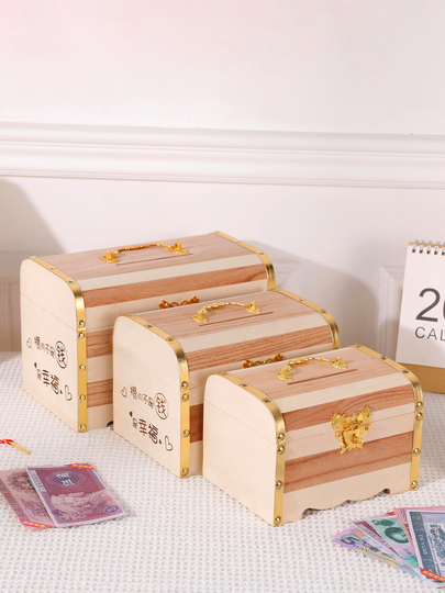 Yueran 無垢材の貯金箱 - レトロな宝箱