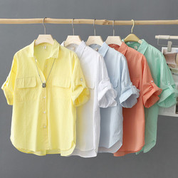 Short-Sleeved Solid Color Casual Shirt for Women, 2025 Summer New Korean Style Pure Cotton Age-Reducing Shirt, Loose and Slimming Top
