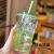473ml green three-dimensional ribbed glass straw cup 