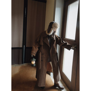 
MOERSHOP Hazelnut Cocoa Show style removable environmentally friendly leather windbreaker jacket for women's autumn tall coat