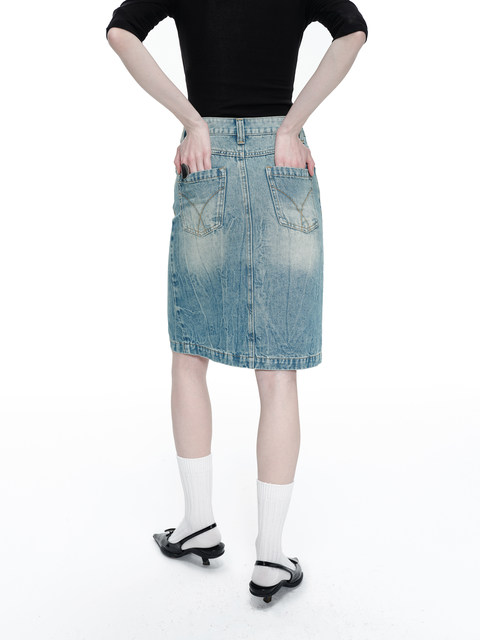 SMIIILE retro light blue wash water and floral hip denim skirt for women in summer low waist slit straight skirt
