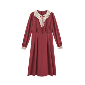 Zihan lace lace round neck long sleeve dress for women in autumn new retro waist-hugging and slimming A-line midi skirt
