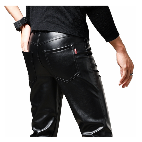 Korean version of self -slim pants, men's tide, small foot motorcycle plus velvet thickened autumn and winter locomotive leather pants PU youth
