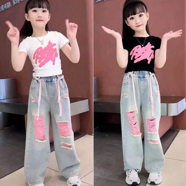 Children's pink ripped denim drawstring suit, handsome girl's Hong Kong ...