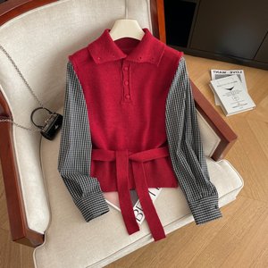 十三行早春新款格子假两件针织女洋气显瘦半开领收腰系绳薄款毛衣