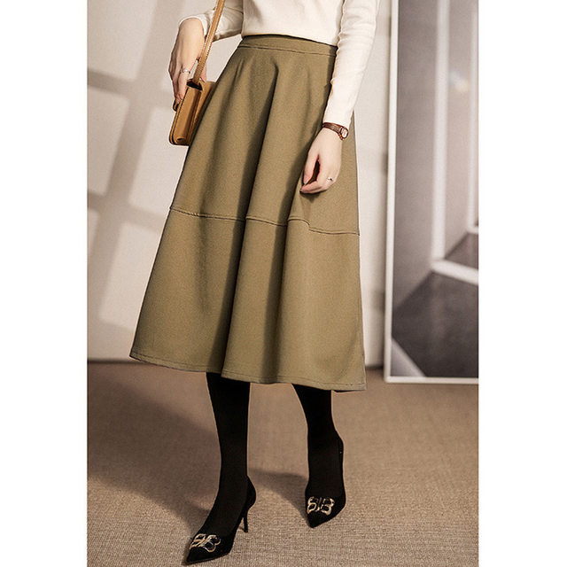 Khaki Autumn and Winter Skirt Women's Woolen Splicing Design Niche A-Line Skirt Pocket Midi-Length Skirt