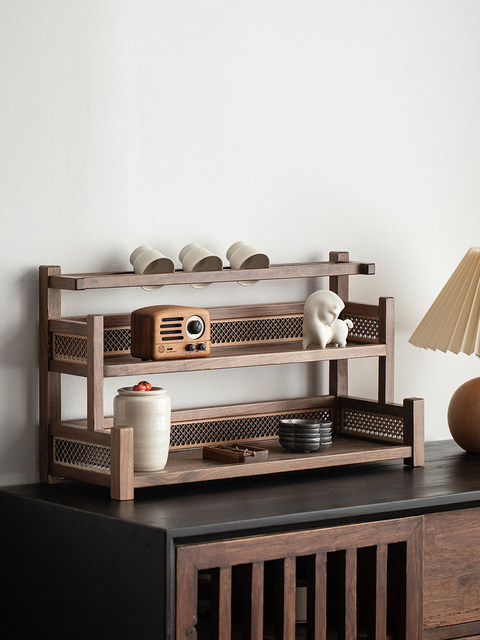 Black walnut household tea cup tea set storage rack modern simple solid ...