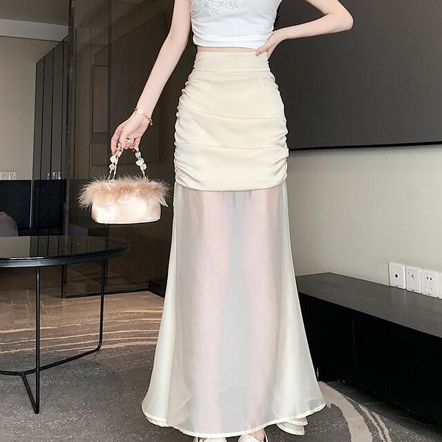 
Real-life shots and real-price spot design-sensing mesh splicing hip skirt Korean style wrinkled versatile long skirt fishtail skirt
