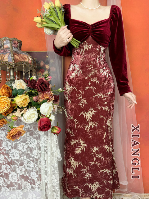 New Chinese Style Tencel Long Sleeve Top and Elastic Skirt with Pockets - Red Glaze 霁蓝红釉