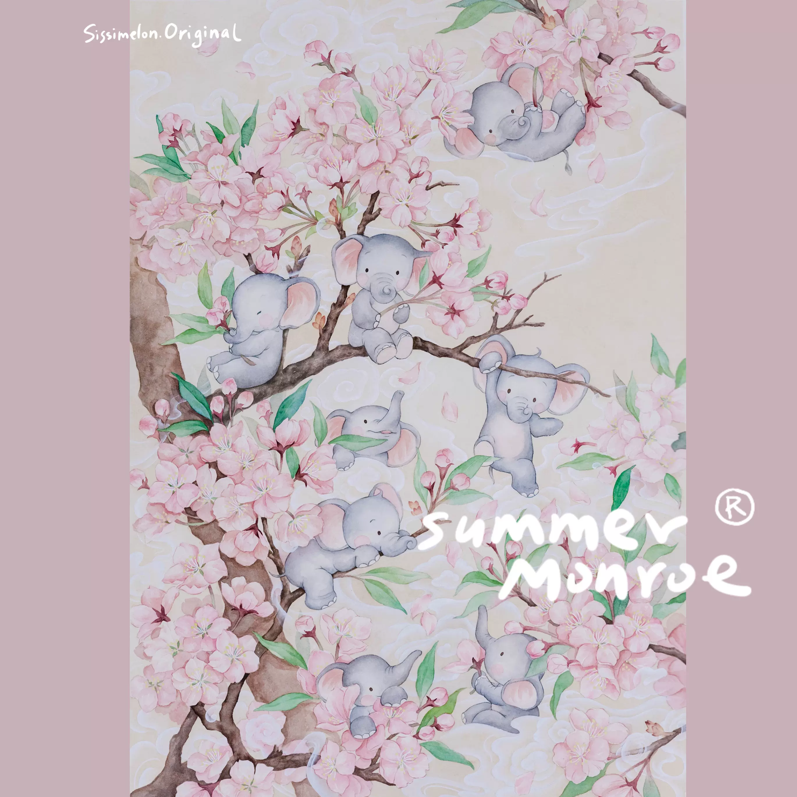 插畫 櫻花小象 原創水彩臨摹素材清晰電子圖手機平板壁紙