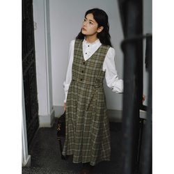 Guoe "mozart Piano Music" French Retro Temperament Slim Plaid Wool Vest Dress 33079