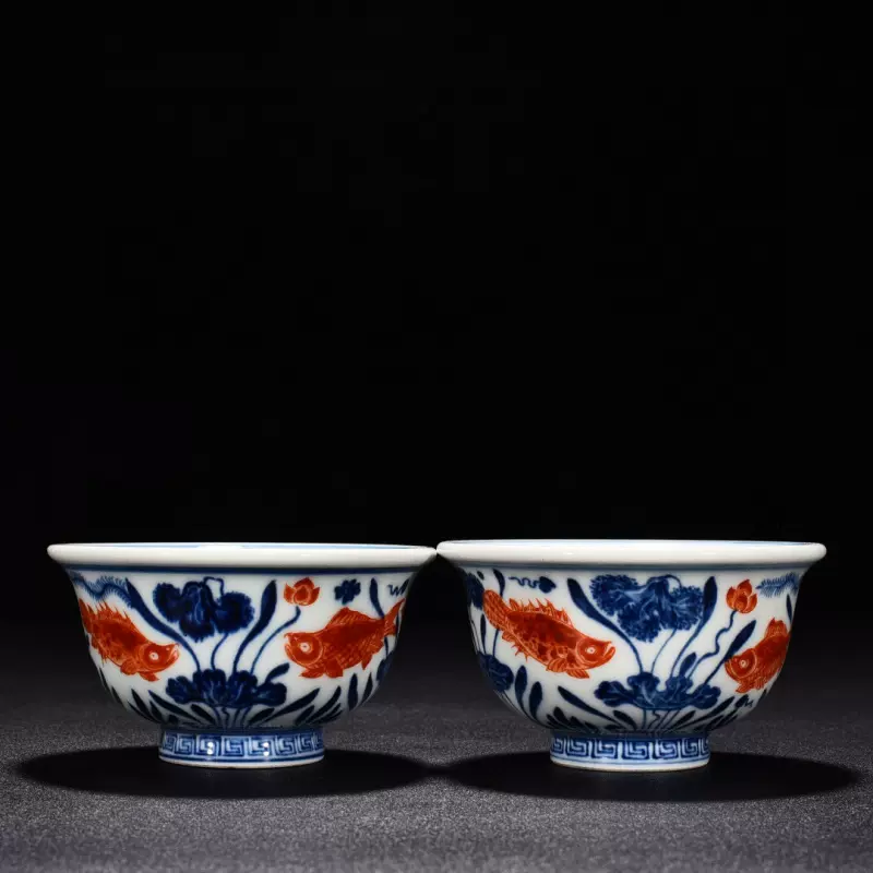 明宣德青花矾红鱼藻纹压手杯古董古玩古瓷器-Taobao