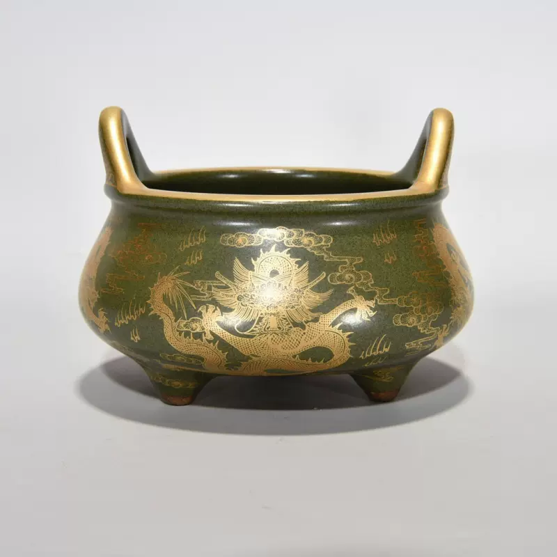 清乾隆茶叶末釉金彩龙纹炉古董古玩古瓷器-Taobao