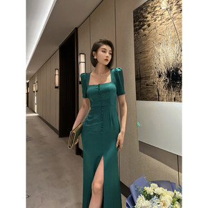 
XULU original imported solid color acetate three-dimensional buttons fashionable temperament slim high waist puff sleeve square collar dress