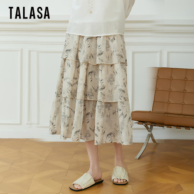 The same silk cotton printed skirt in TALASA mall 2025 spring and summer new high-waisted versatile slim cake skirt