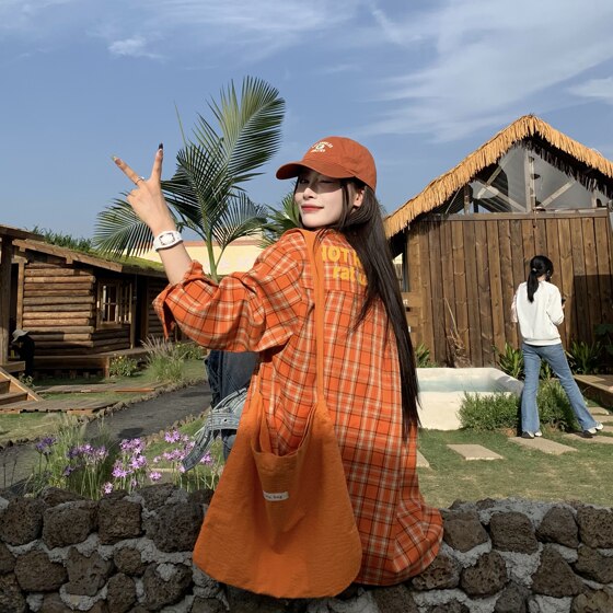 
3MER Oh, three girls orange plaid shirt for women in spring and autumn American retro loose casual long-sleeved shirt jacket