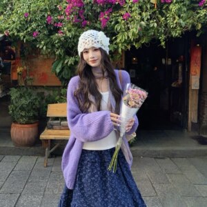 
3MER Oh Oh Sanmei gentle style purple sweater jacket for women spring and autumn new style lazy loose soft waxy knitted cardigan