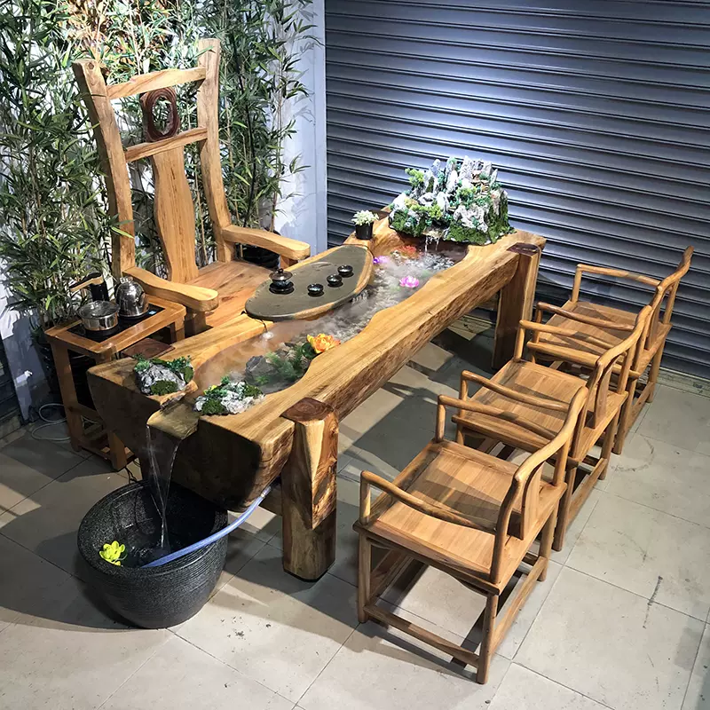 香樟木流水茶台桌椅组合办公室实木茶桌养鱼循环景观禅意功夫茶几-Taobao