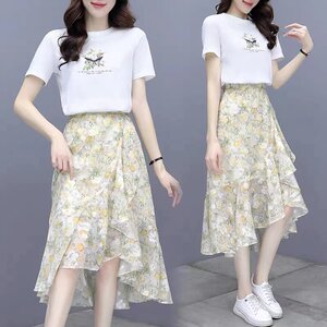 
2026 summer new style chiffon floral A-line skirt irregular chiffon high-waisted dress two-piece suit for women
