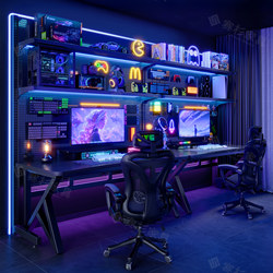 Double Computer Desk with Perforated Board, Home-Use Desk with Bookshelf, Gaming and E-Sports Desk with Storage Rack Combination