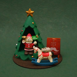 Zakka Christmas Tree Ornaments Treehouse Tree Hole Santa Claus Cat Rocking Horse Set Gift Healing Decoration