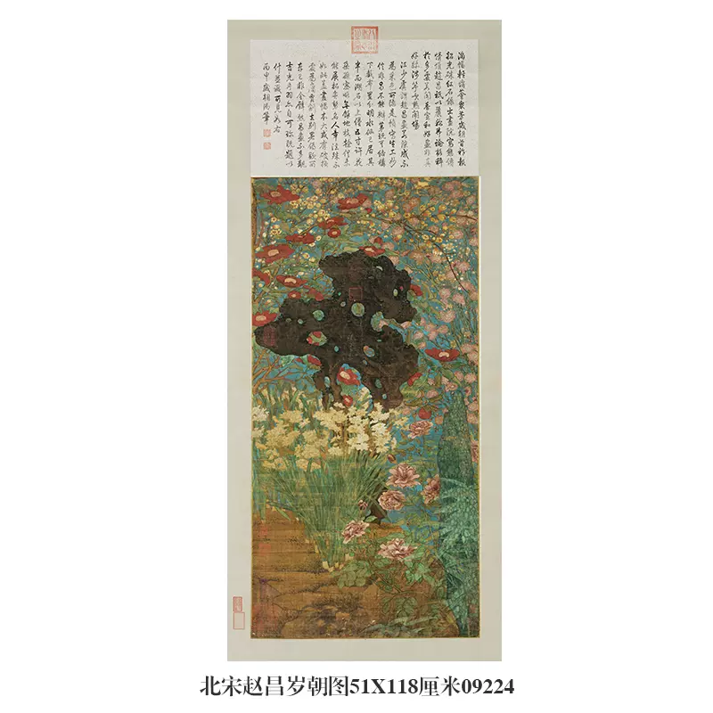 中国古美術・旧藏・北宋風・趙昌款・花鳥図・手描き中堂画・掛軸・宣紙