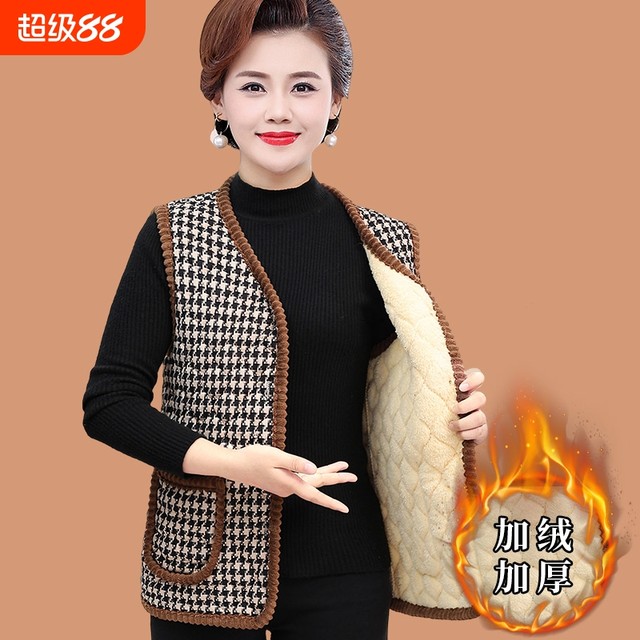 Middle-aged and elderly mothers autumn and winter vests plus velvet thickened vests for female grandmothers warm plaid vest jacket red