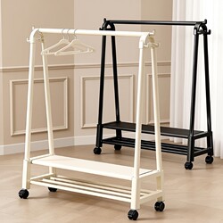 Double-Layer Floor-Standing Clothes Rack for Bedroom, Movable Bedside Hanger for Home Use, Simple Clothes Storage Solution, Clothes Drying Rack