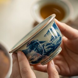 Jingdezhen Old Pottery Clay Handmade Blue and White Landscape Master Cup Ceramic Hand-Painted Kung Fu Tea Set Single Cup Tasting Cup