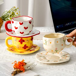 Mug Breakfast Cup and Saucer Set for Girls, Afternoon Tea Handmade Underglaze Color Creative Coffee Ceramic Cup, Cute and Unique
