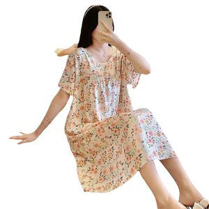 New thin cotton silk pajama nightgown summer 2024 spring and autumn skirt cotton plus size short sleeve artificial cotton