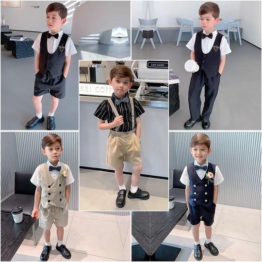 Traje Formal Niño Pequeño - Camisa Manga Corta Con Corbatín Y Pantalones Cortos Con Tirantes - Ideal Para Bodas Y Eventos