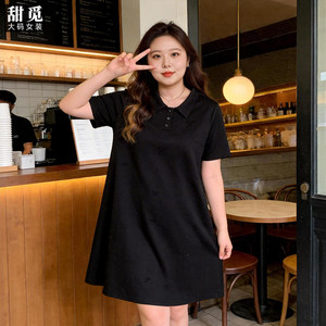 
Tianmi extra large size women's summer wear fat mm300*0.5kg exquisite hot diamond Hepburn little black dress polo collar dress