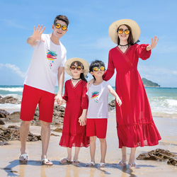 Seaside Holiday Parent-child Outfits, A Family Of Three, Mother And Daughter Outfits, Desert Red Dresses, Beach Skirts, Western-style Sleeved Dresses