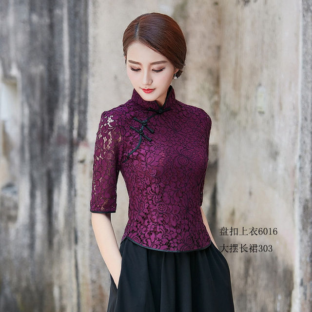 Classic short cheongsam top lace spring and summer new slim Chinese buckle fashion improved women's Tang suit dress