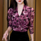 Double-layer mesh printed long-sleeved T-shirt for women in spring and autumn new high-end V-neck base shirt slim-fitting slim top shirt
