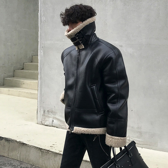 
MRCYC plus velvet leather jacket men's trendy autumn and winter thickened stand collar lamb velvet leather jacket leather one-piece jacket