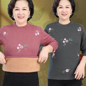 Grandma's thermal underwear plus velvet thickened base shirt for women, middle-aged and elderly mothers in winter round neck warm top
